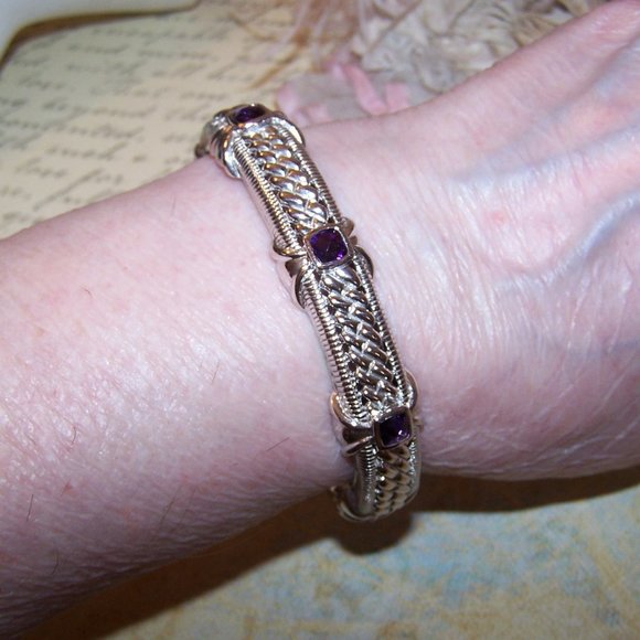 JUDITH RIPKA Sterling Silver Amethyst Cubic Zirconia CZ Hinged Cuff Bracelet - Picture 3 of 12